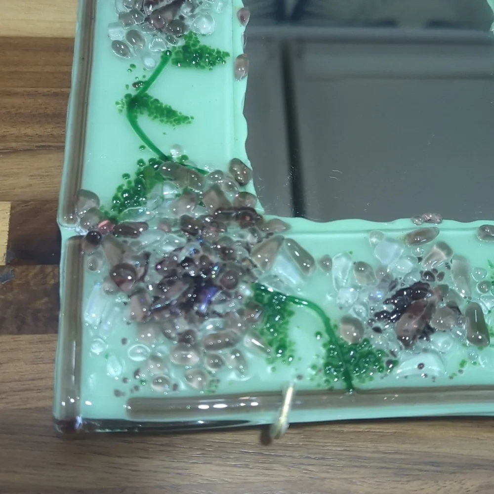 Artist made 8x10 fused glass mirror with hanger flowers green